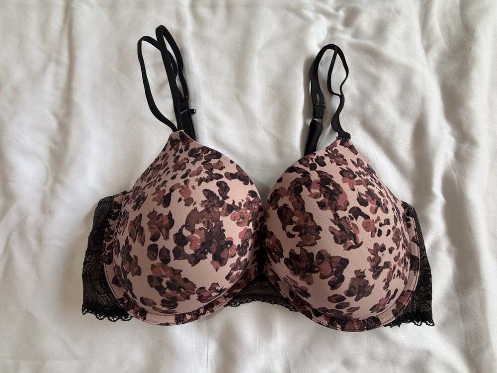 Modern Movement Pink Floral Push Up Bra 36C Black Lace Trim Underwire Padded Y2K